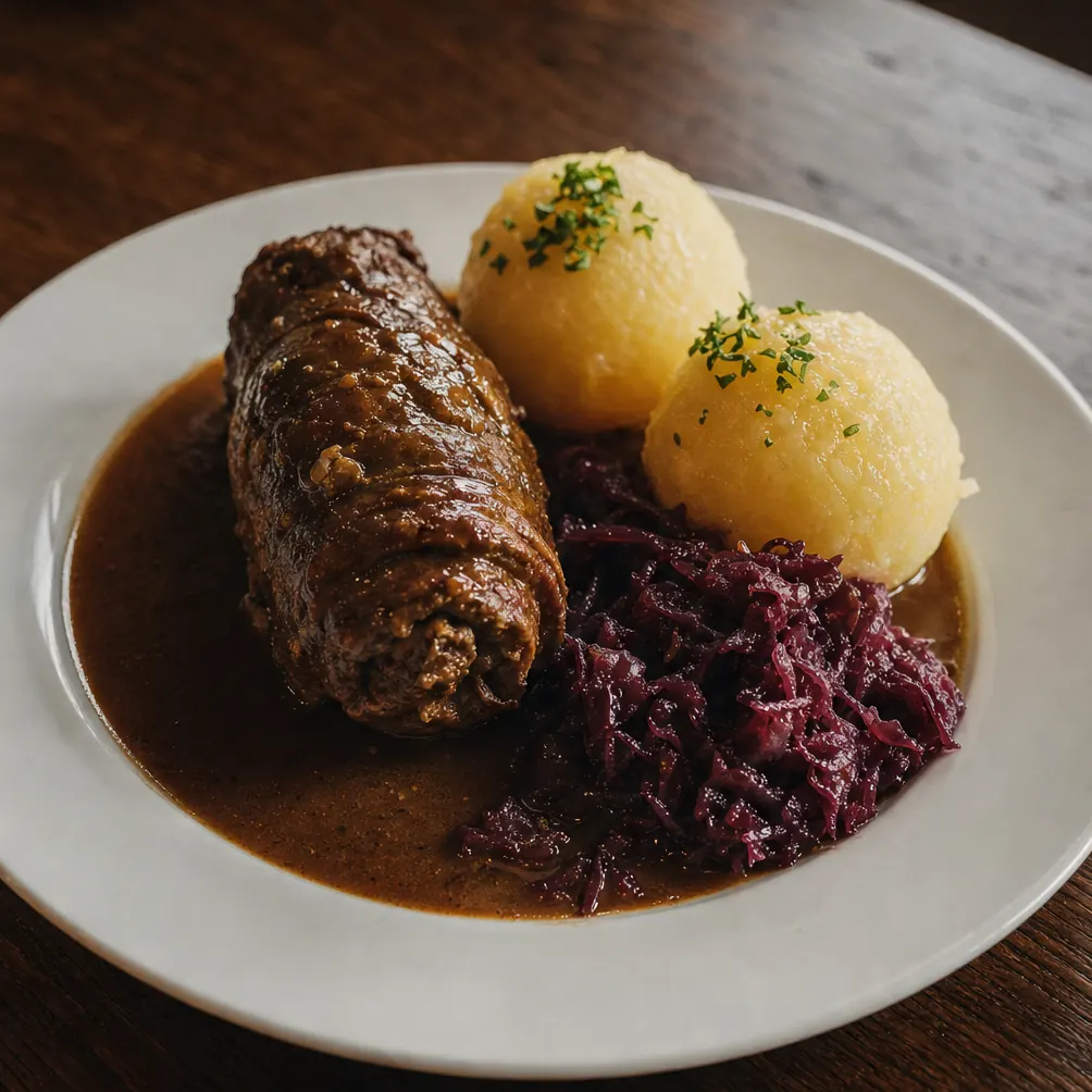 Rinderroulade mit Rotkohl und Klößen