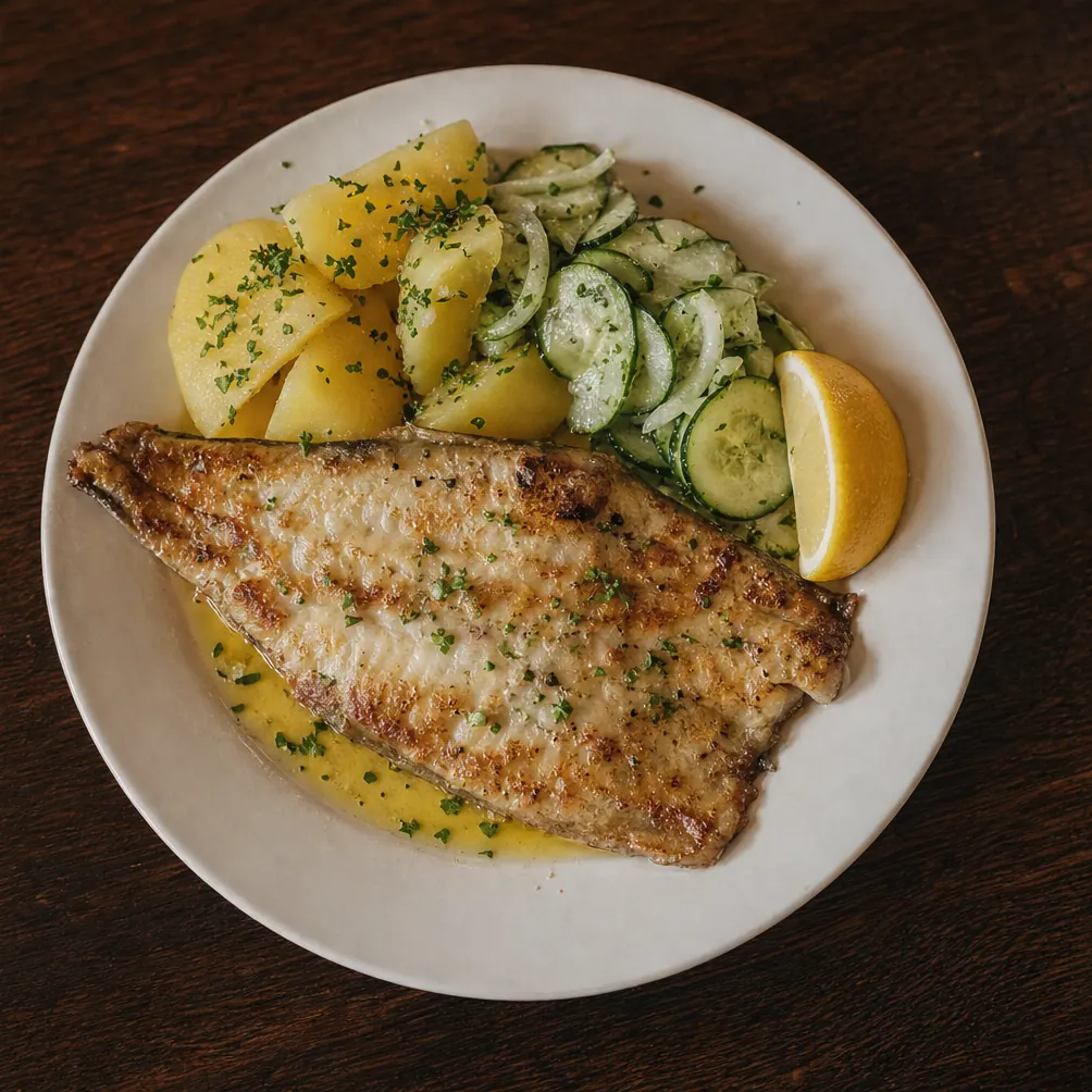 Gebratenes Schollenfilet mit Salzkartoffeln und Gurkensalat