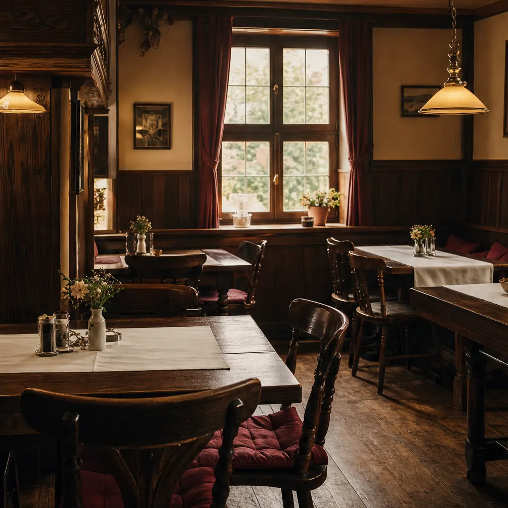 Eine Gaststube mit Holztischen und Fenstern zur Straße
